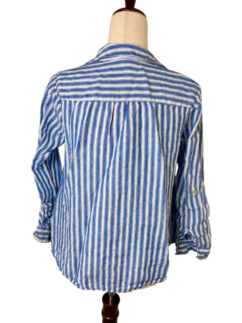 J.Jill Blue White Striped 100% Linen Roll Tab Button-Down Shirt Extra Small - Picture 2 of 7